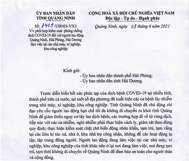 Phối hợp kiểm soát phòng chống dịch COVID-19 đối với người lao động Quảng Ninh, Hải Phòng, Hải Dương làm việc tại các nhà máy, xí nghiệp, khu công nghiệp