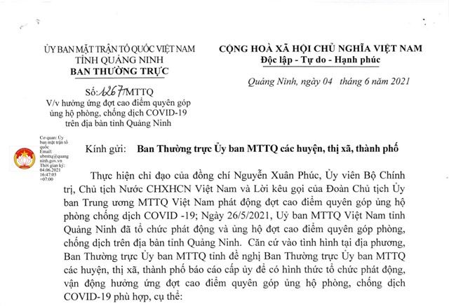 Hưởng ứng đợt cao điểm quyên góp ủng hộ phòng, chống dịch COVID-19 trên địa bàn tỉnh Quảng Ninh