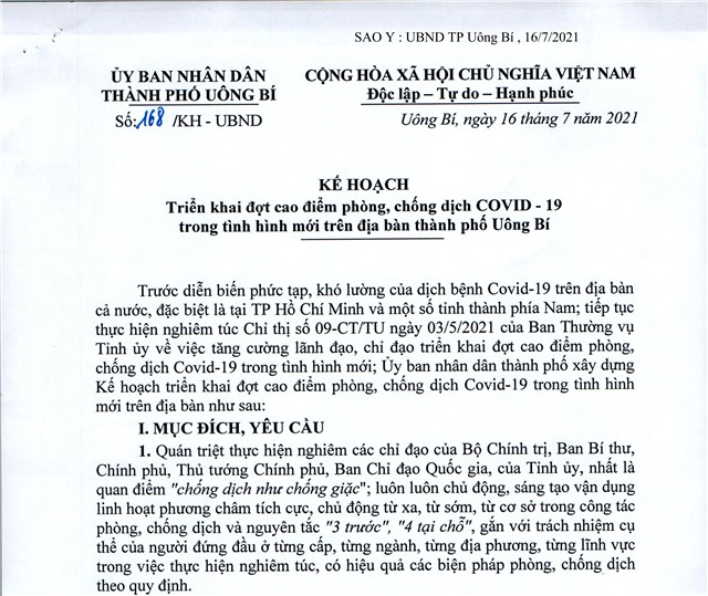 Kế hoạch triển khai đợt cao điểm phòng, chống dịch COVID - 19 trong tình hình mới trên địa bàn thành phố Uông Bí