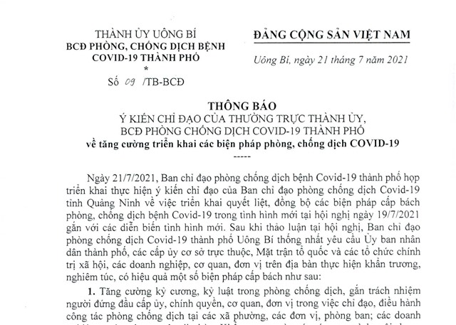 Ý kiến chỉ đạo của Thường trực Thành ủy, BCĐ phòng chống dịch COVID-19 thành phố về tăng cường triển khai các biện pháp phòng, chống dịch COVID-19