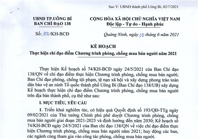 Kế hoạch thực hiện chỉ đạo điểm Chương trình phòng, chống mua bán người năm 2021