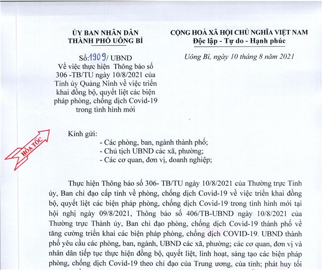 Uông Bí thực hiện Thông báo số 306-TB/TU ngày 10/8/2021 của Tỉnh ủy Quảng Ninh về việc triển khai đồng bộ, quyết liệt các biện pháp phòng, chống dịch Covid-19 trong tình hình mới