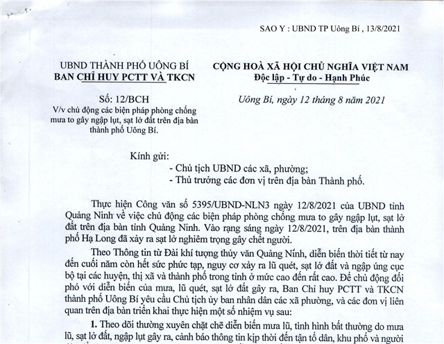 Chủ động các biện pháp phòng chống mưa to gây ngập lụt, sạt lở đất trên địa bàn thành phố Uông Bí 