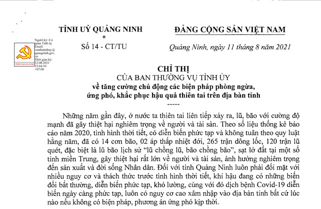 Chỉ thị của Ban Thường vụ Tỉnh ủy về tăng cường chủ động các biện pháp phòng ngừa, ứng phó, khắc phục hậu quả thiên tai trên địa bàn tỉnh 