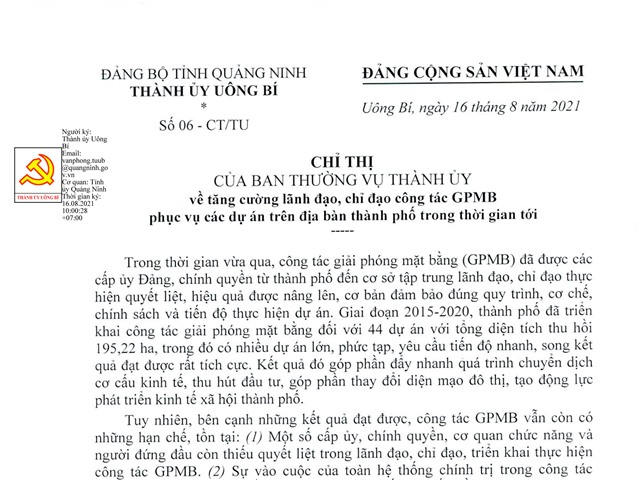 Chỉ thị của Ban Thường vụ Thành ủy về tăng cường lãnh đạo, chỉ đạo công tác GPMB phục vụ các dự án trên địa bàn thành phố trong thời gian tới