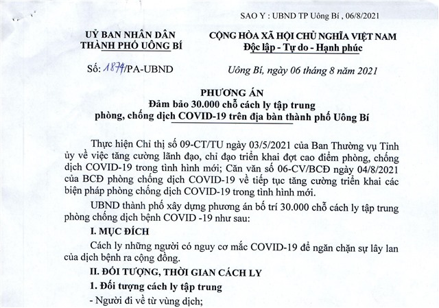 Phương án đảm bảo 30.000 chỗ cách ly tập trung phòng, chống dịch COVID-19 trên địa bàn thành phố Uông Bí