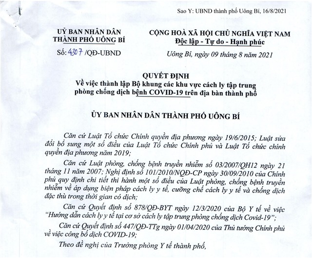 Quyết định về việc thành lập Bộ khung các khu vực cách ly tập trung phòng chống dịch bệnh Covid-19 trên địa bàn thành phố