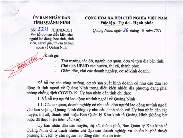 Người lao động, người già, trẻ em vào Quảng Ninh không bắt buộc phải tiêm đủ 2 mũi vắc xin