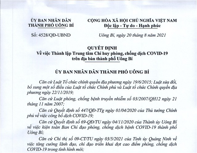 Quyết định về việc thành lập Trung tâm Chỉ huy phòng, chống dịch COVID-19 trên địa bàn thành phố Uông Bí 