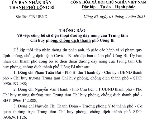 Về việc công bố số điện thoại đường dây nóng của Trung tâm Chỉ huy phòng, chống dịch thành phố Uông Bí