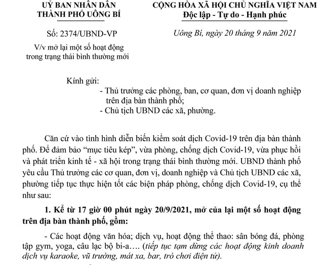 Uông Bí: Kể từ 17 giờ 00 phút ngày 20/9/2021, mở lại một số hoạt động trong trạng thái bình thường mới