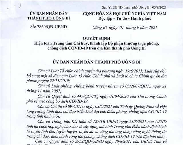 Quyết định kiện toàn Trung tâm Chỉ huy, thành lập Bộ phận thường trực phòng, chống dịch COVID-19 trên địa bàn thành phố Uông Bí.