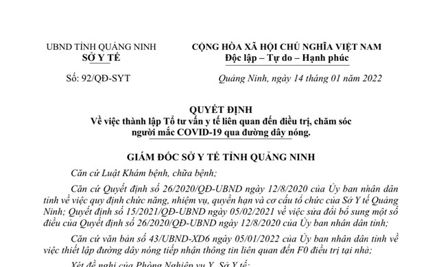 Quyết định về việc thành lập Tổ tư vấn y tế liên quan đến điều trị, chăm sóc người mắc COVID-19 qua đường dây nóng.