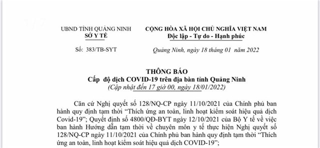 Thông báo Cấp độ dịch COVID-19 trên địa bàn tỉnh Quảng Ninh (tính đến 17h00' ngày 18/01/2022)