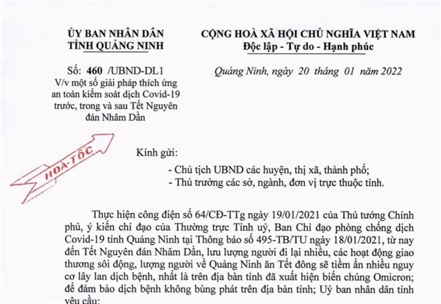 Công văn của UBND tỉnh Quảng Ninh về một số giải pháp thích ứng an toàn kiểm soát dịch Covid-19 trước, trong và sau Tết Nguyên đán Nhâm Dần