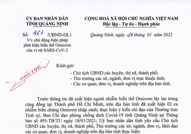 Công văn của UBND tỉnh Quảng Ninh về việc chủ động biện pháp phát hiện biến thể Omicron của vi rút SARS-CoV-2