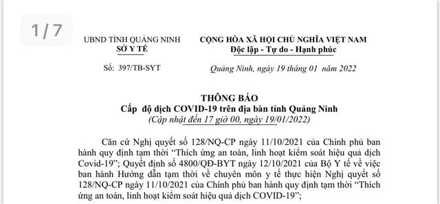 Thông báo Cấp độ dịch COVID-19 trên địa bàn tỉnh Quảng Ninh (tính đến 17h00' ngày 19/01/2022)