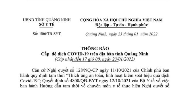 Thông báo Cấp độ dịch COVID-19 trên địa bàn tỉnh Quảng Ninh (tính đến 17h00' ngày 23/01/2022)