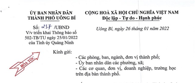 Công văn của UBND TP Uông Bí về việc triển khai Thông báo số 502-TB/TU ngày 25/01/2022 của Tỉnh uỷ Quảng Ninh