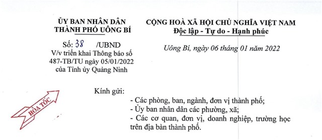 Công văn triển khai Thông báo số 487-TB/TU ngày 5/1/2022 của Tỉnh ủy Quảng Ninh
