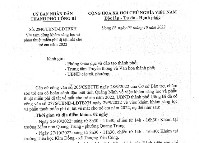 Thông báo tạm dừng khám sàng lọc và phẫu thuật miễn phí dị tật mắt cho trẻ em năm 2022