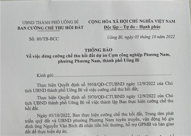 Thông báo  về việc dừng cưỡng chế thu hồi đất đối với những hộ dân đã đồng thuận nhận tiền và bàn giao đất thuộc dự án Cụm công nghiệp Phương Nam, phường Phương Nam, TP Uông Bí