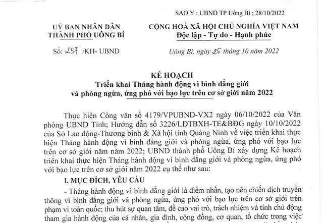 Kế hoạch triển khai tháng hành động vì bình đẳng giới và phòng ngừa, úng phó với bạo lực trên cơ sở giới năm 2022 
