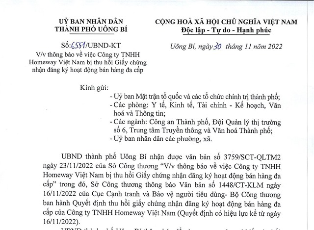 Thông báo về việc Công ty TNHH Homeway Việt Nam bị thu hồi giấy chứng nhận đăng ký hoạt động bán hàng đa cấp