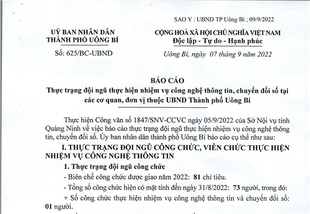 Báo cáo thực trạng đội ngũ thực hiện nhiệm vụ công nghệ thông tin, chuyển đổi số tại các cơ quan, đơn vị thuộc UBND thành phố Uông Bí