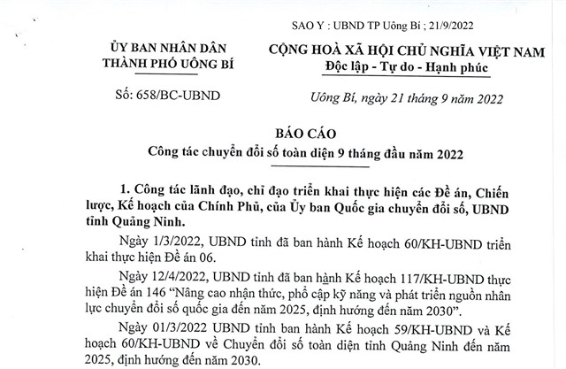 Báo cáo công tác chuyển đổi số toàn diện 9 tháng đầu năm 2022