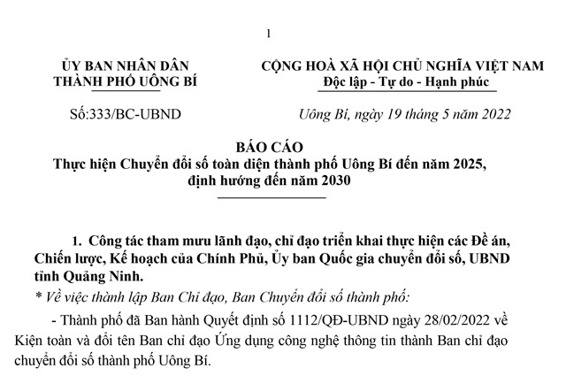 Báo cáo thực hiện chuyển đỏi số toàn diện thành phố Uông Bí đến năm 2025, định hướng đến năm 2030