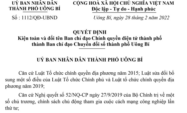 Quyết định kiện toàn và đổi tên Ban chỉ đạo Chính quyền điện tử thành phố thành Ban Chỉ đạo chuyển đổi số thành phố Uông Bí