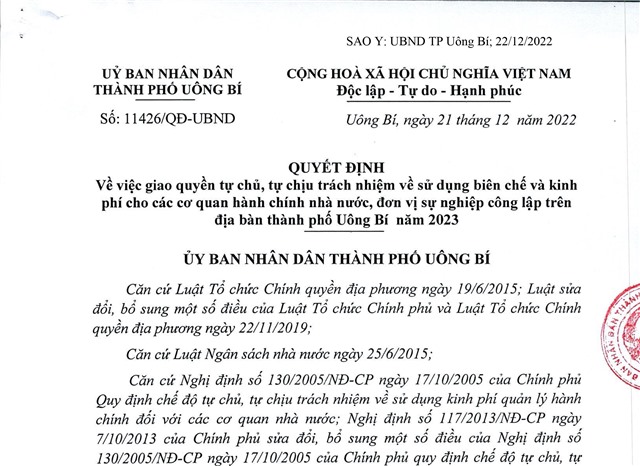 Quyết định về việc giao quyền tự chủ, tự chịu trách nhiệm về sử dụng biên chế và kinh phí cho các cơ quan hành chính nhà nước, đơn vị sự nghiệp công lập trên địa bàn thành phố Uông Bí năm 2023