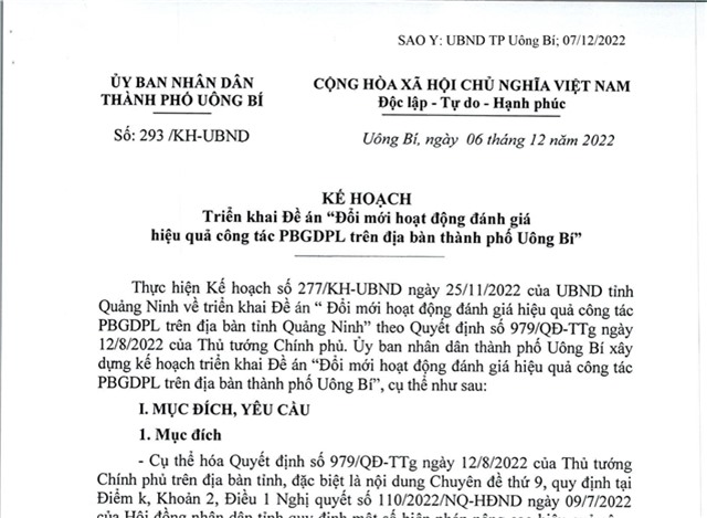 Kế hoạch triển khai Đề án "Đổi mới hoạt động đánh giá hiệu quả công tác PBGDPL trên địa bàn thành phố Uông Bí"