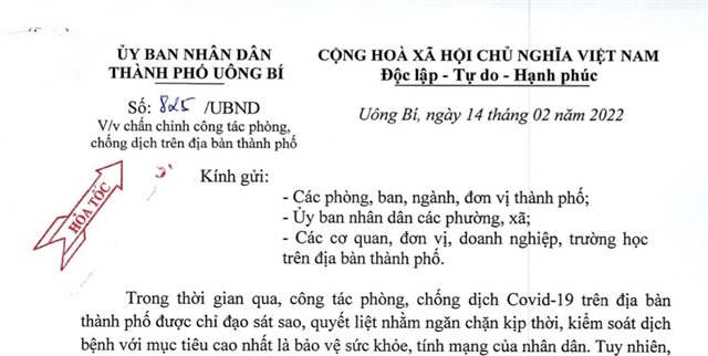 Công văn của UBND thành phố Uông Bí về việc chấn chỉnh công tác phòng, chống dịch trên địa bàn thành phố