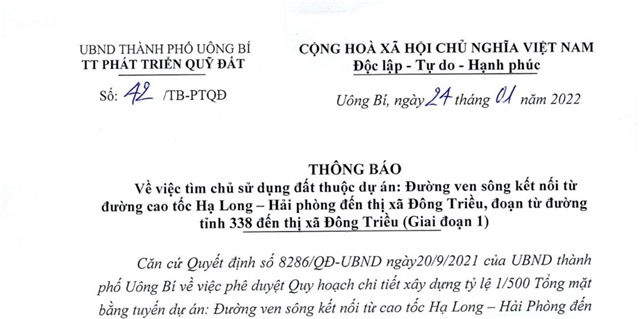 THÔNG BÁO Về việc tìm chủ sử dụng đất thuộc dự án: Đường ven sông kết nối từ đường cao tốc Hạ Long - Hải Phòng đến thị xã Đông Triều, đoạn từ đường tỉnh 338 đến thị xã Đông Triều (Giai đoạn 1)