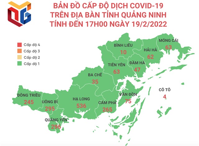 Bản đồ cấp độ dịch Covid-19 trên địa bàn tỉnh Quảng Ninh tính đến 17h00 ngày 19/2/2022