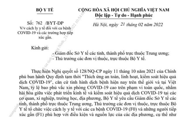 Công văn của Bộ Y tế về việc cách ly y tế đối với ca bệnh Covid-19 và các trường hợp tiếp xúc gần