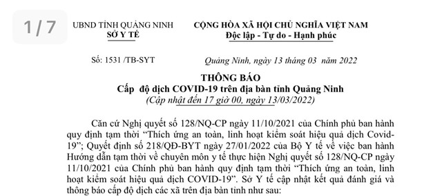 THÔNG BÁO CẤP ĐỘ DỊCH COVID-19 TRÊN ĐỊA BÀN TỈNH QUẢNG NINH
