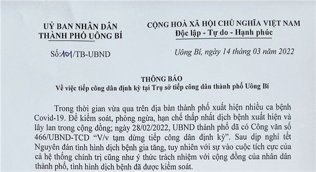Thông báo về việc tiếp công dân định kỳ tại Trụ sở tiếp công dân thành phố Uông Bí
