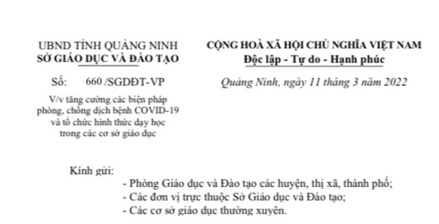 Công văn về việc tăng cường các biện pháp phòng, chống dịch bệnh COVID-19 và tổ chức hình thức dạy học trong các cơ sở giáo dục