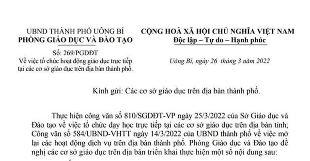Công văn về việc tổ chức hoạt động giáo dục trực tiếp tại các cơ sở giáo dục trên địa bàn thành phố