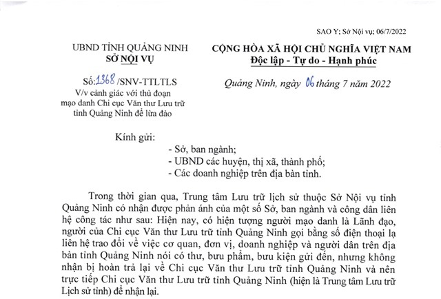 Cảnh giác với thủ đoạn mạo danh Chi cục Văn thư Lưu trữ tỉnh Quảng Ninh để lừa đảo