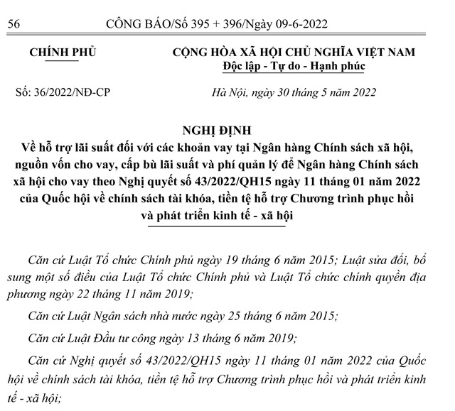 Hỗ trợ lãi suất đối với các khoản vay tại Ngân hàng chính sách xã hội theo Nghị định 36/2022/NĐ-CP của Chính phủ  