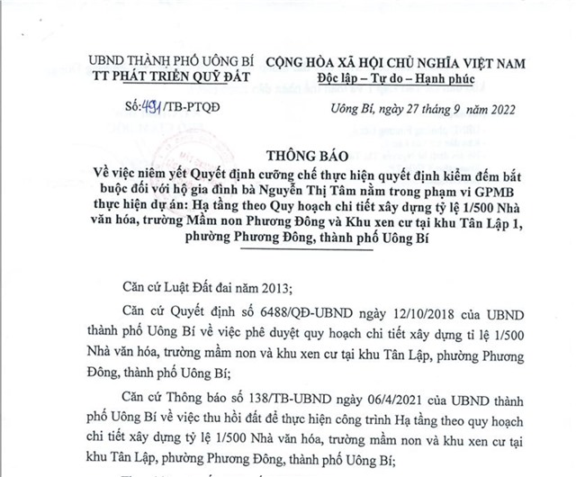Thông báo về việc niêm yết Quyết định cưỡng chế thực hiện quyết định kiểm đếm bắt buộc đối với hộ gia đình bà Nguyễn Thị Tâm