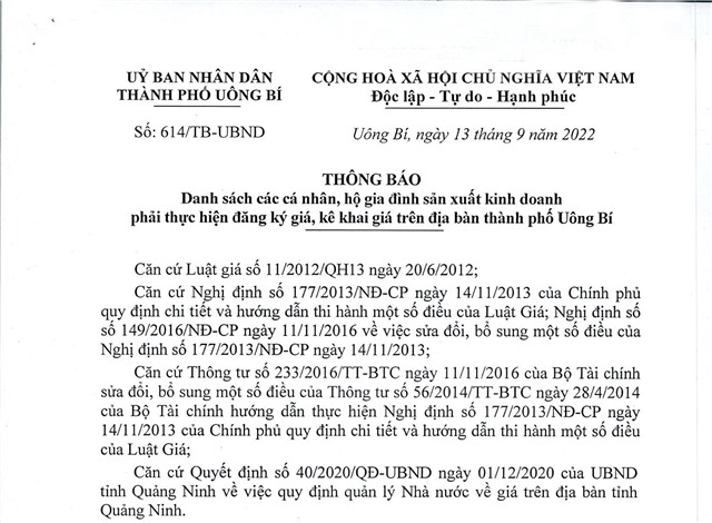 Thông báo Danh sách các cá nhân , hộ gia đình sản xuất kinh doanh phải thực hiện đăng ký giá, kê khai giá trên địa bàn thành phố Uông Bí