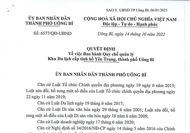 Quyết định về việc Ban hành Quy chế quản lý Khu Du lịch cấp tỉnh Hồ Yên Trung, thành phố Uông Bí