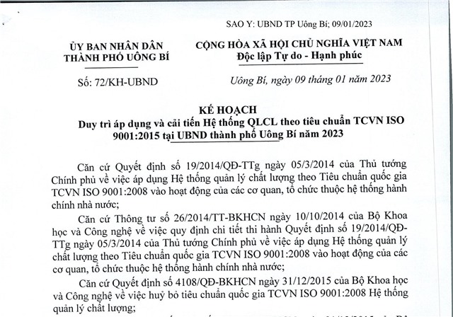 Kế hoạch áp dụng và cải tiến Hệ thống QLCL theo tiêu chuẩn TCVN ISO 9001:2015 tại UBND thành phố Uông Bí năm 2023