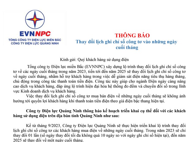 Thông báo thay đổi lịch ghi chỉ số công tơ vào những ngày cuối tháng