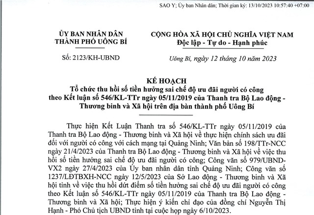 Kế hoạch tổ chức thu hồi số tiền hưởng sai chế độ ưu đãi người có công theo Kết luận số 546/KL-TTr ngày 05/11/2019 của thanh tra Bộ Lao động, Thương binh và Xã hội trên địa bàn thành phố Uông Bí